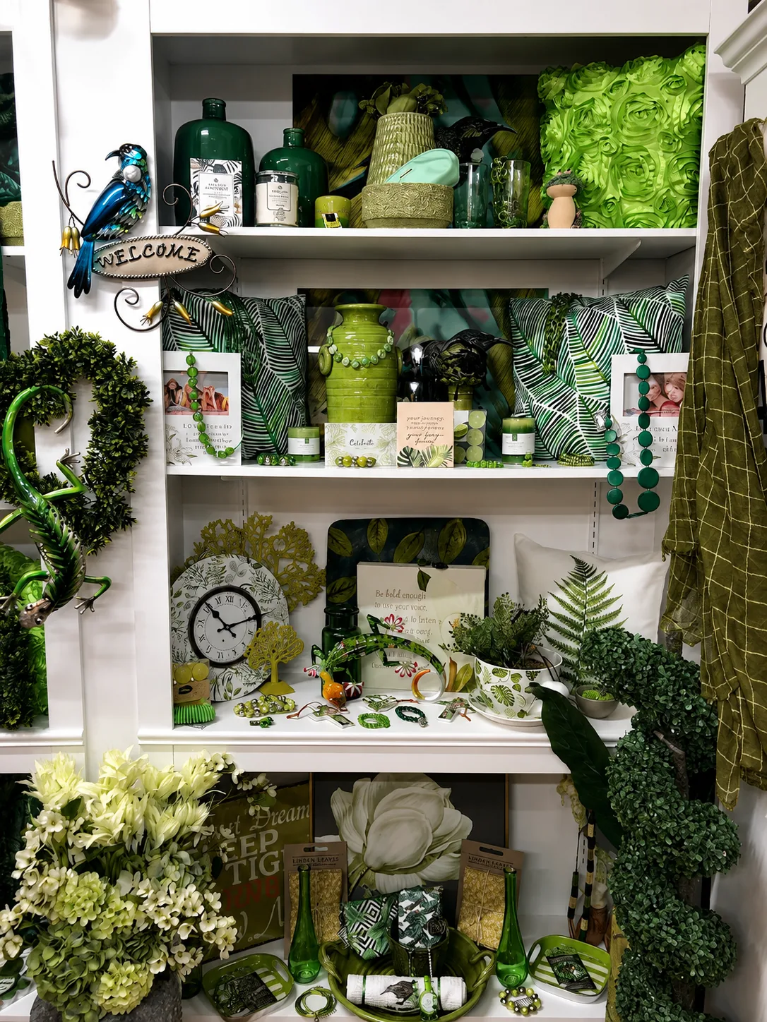 Vases, clocks and greenery in the homewares corner